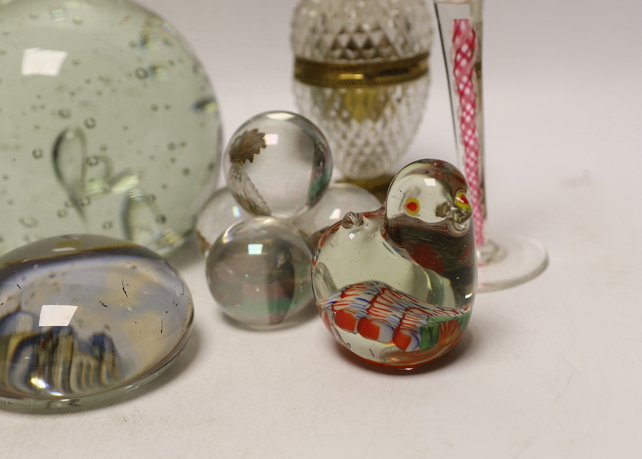 A glass dump, four paperweights, three airtwist glasses, 15cm, a scent bottle and an ink stand